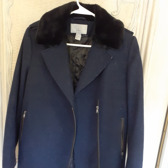 H&M navy blue fur collared coat - Picture 4 of 5